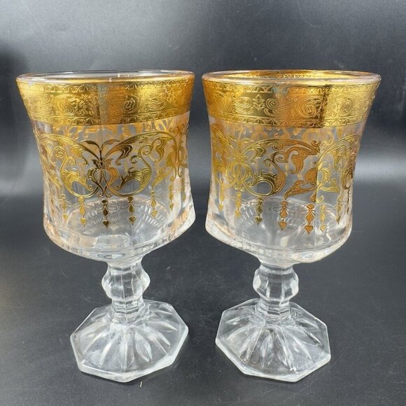 Bohemian Czech Clear Glass Goblet Cups Glasses Heavy Gold Butterfly Pattern 2set - Picture 15 of 15